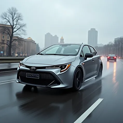 Toyota Corolla GR 2023 gray sports hatchback drives along the Moscow Ring Road in Moscow, Russia,  the sky is cloudy ,  starts dripping light rain 