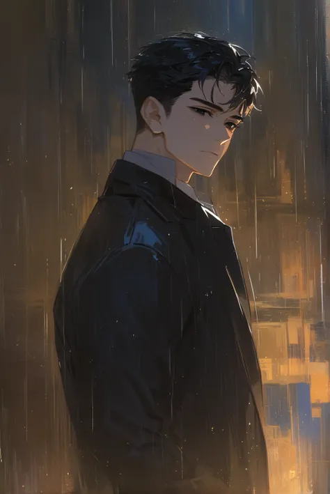 impasto, short hair, masterpiece, best quality, 1 man ,black hair , perfect face , black eye , handsome male , Alone,warm atmosphere,(Background: Rain_City)