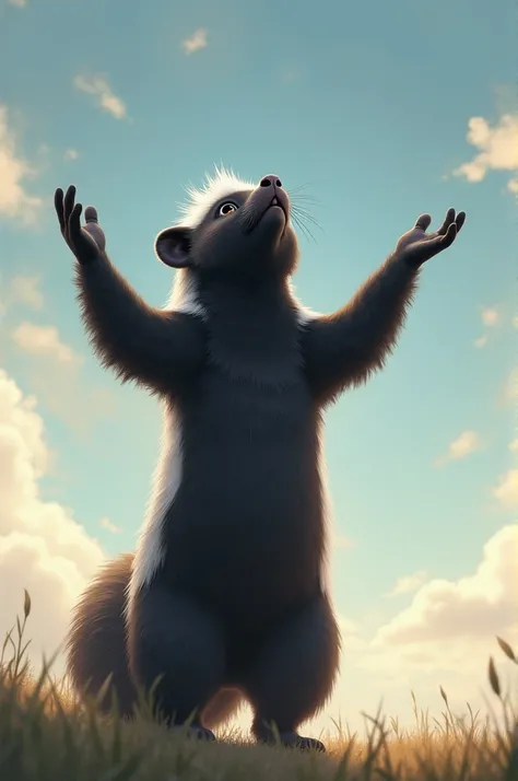 Skunk with open arms looking up at the sky 