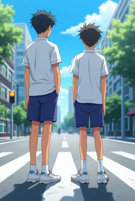  Japanese Anime、Waiting for a traffic light、Two junior high school boys、short sleeve white gym suit、 blue-purple short pants 、White socks、White Athletic Shoes、 long and thin legs