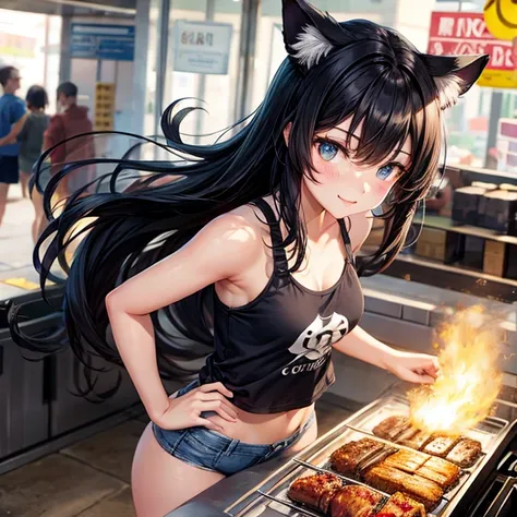 Black Hair　cat ears　 barbecuing 　 tank top 　 hotpants　stall