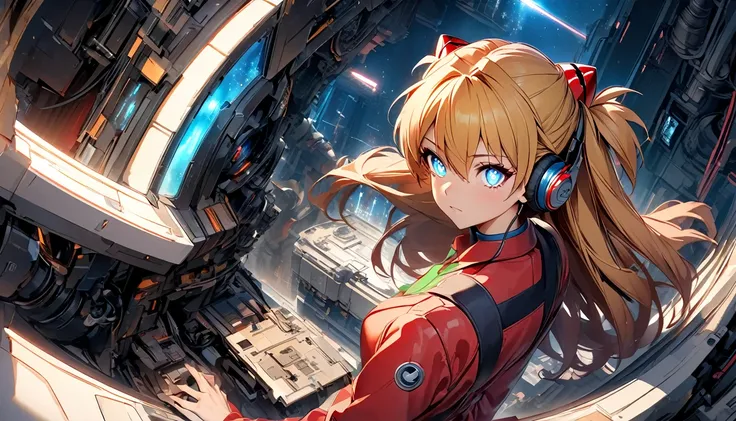 (aerial view), dynamic angle ,ultra-detailed, Illustration, close-up, direct, 1 , 
 ((souryuu asuka langley, headphones, red jumpsuit:1.4, blonde)),Her eyes shone like Dreamer stars,( glowing eyes :1.233),( beautiful and detailed eyes :1.1),(expressionless...