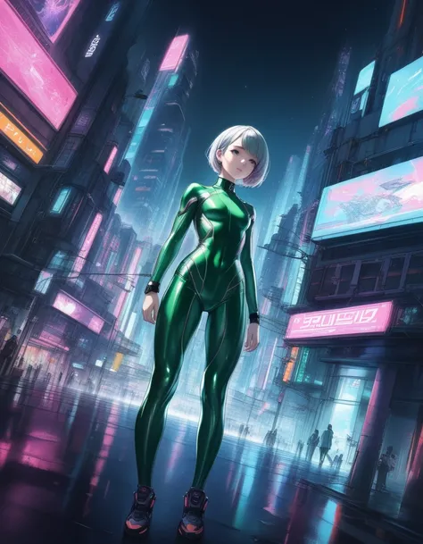 detailed illustration, dynamic angle, ultra-detailed, illustration, 1girl, 20 years old, petite, short hair, athletic build, (small breasts), green latex body suit with glowing lights, cyberpunk city street at night, very beautiful anime girl, seductive an...