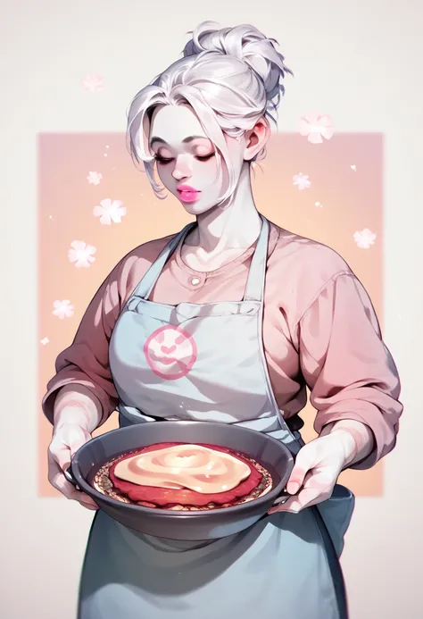 White hair girl. Stunning. White  skin. Pink lips. With wife clothes. Cooking