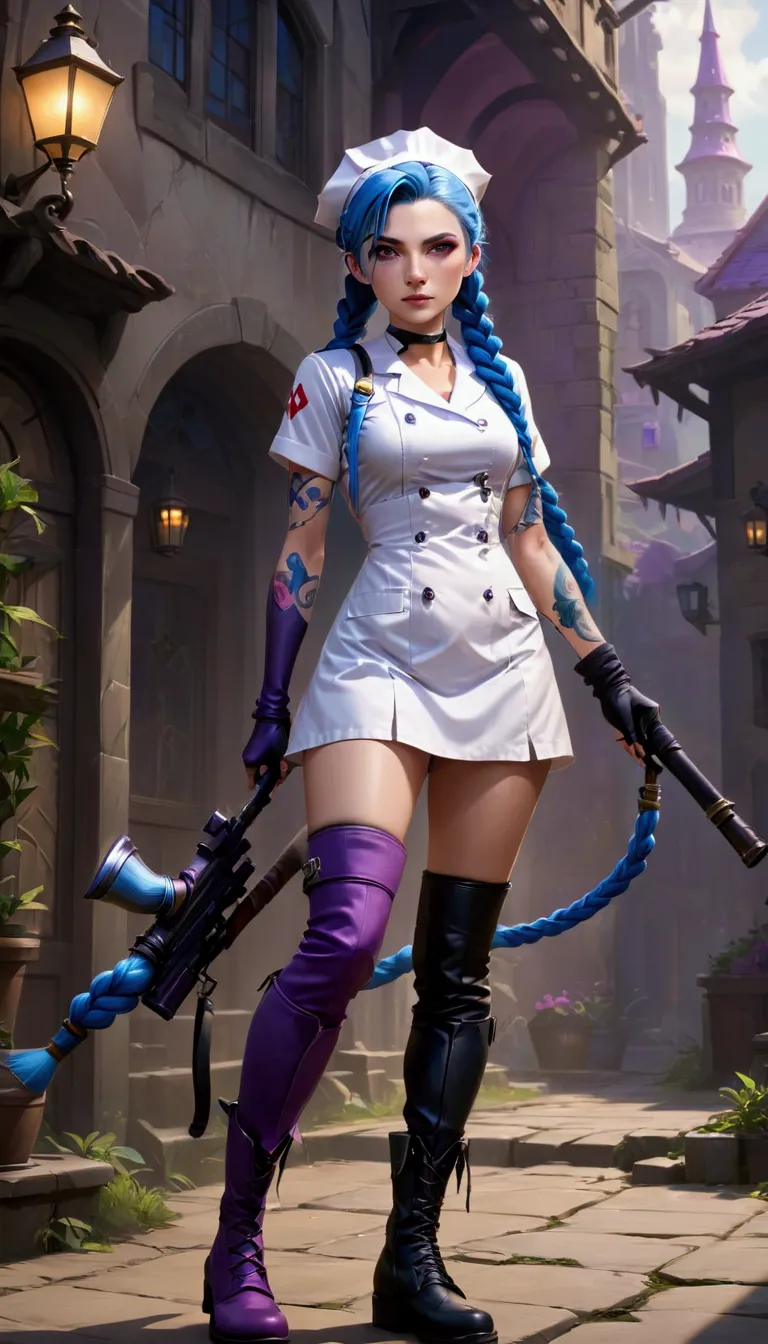 league of legends ，jinx ，punk style eye makeup ，nurse hat，(white nurse costume)，blue twist braid，whole body，( knee-high boots ),...