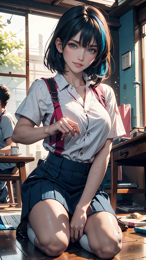 A masterpiece portrait of a smiling face  ( Evangelion ),  Evangelion  (Hideaki), caustics,  high resolution illustration , red eyes,  feminine, No students,  blue hair,   short hair,  Japanese school uniform ,  Loafers, Spank, Synthwave, paint Splashs, Fl...