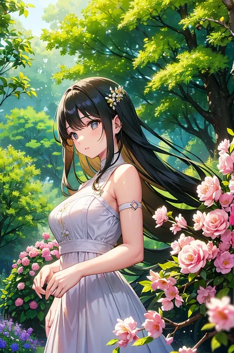 a beautiful young girl in a lush garden, long flowing hair, detailed facial features, elegant dress, serene expression, sunlight filtering through trees, flowers blooming in the background, photorealistic, highly detailed, vibrant colors, masterpiece, 8k