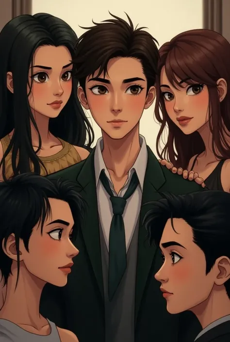 an asocial but charismatic brunette ,  young man with 4 people  ,  two women one with black hair and the other with brown hair two men one with Asian features black hair and the other black hair too 