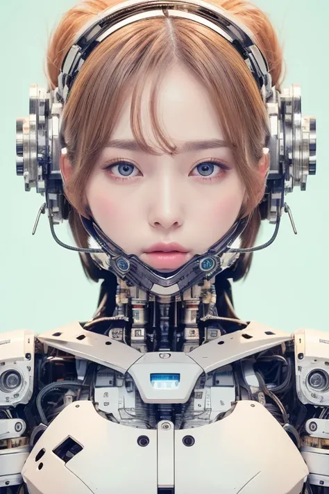 masterpiece, best quality, extremely detailed,portrait,upper body,front view,Japaese android girl,Plump, control panels,android,Droid,Mechanical Hand, Robot arms and legs,Blunt bangs,long tube,thick cable connected her neck,