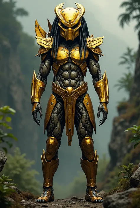 Predator，Whole body diagram，Golden armor，Authentic background