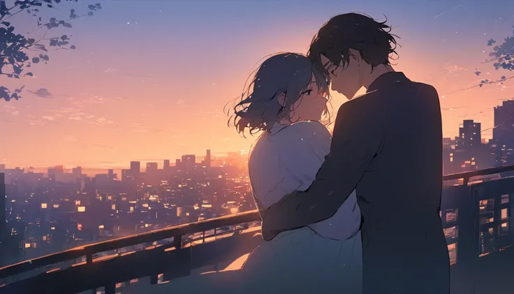 A rear view of a couple sharing a gentle embrace on a balcony at dusk, surrounded by a quiet cityscape and soft evening lights. The image captures a serene and private moment.