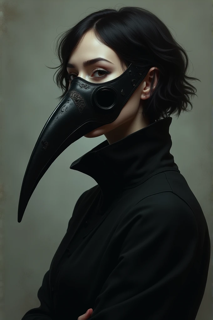 An aesthetic profile picture of a female plague doctor with a mask that fully covers her face and short black hair