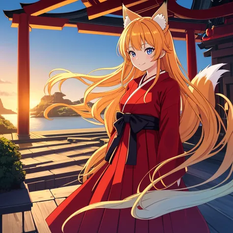  Witch Uniform,red hakama,shrine maiden,(wave hair),(yellow hair),light blue eyes,1girl solo,round eyes,big eyes,fox ears,fox tail,smile,Fluffy,realistic contoured face,round face,Round cheeks,flat chest,Background Shrine,masterpiece,top-quality illustrati...