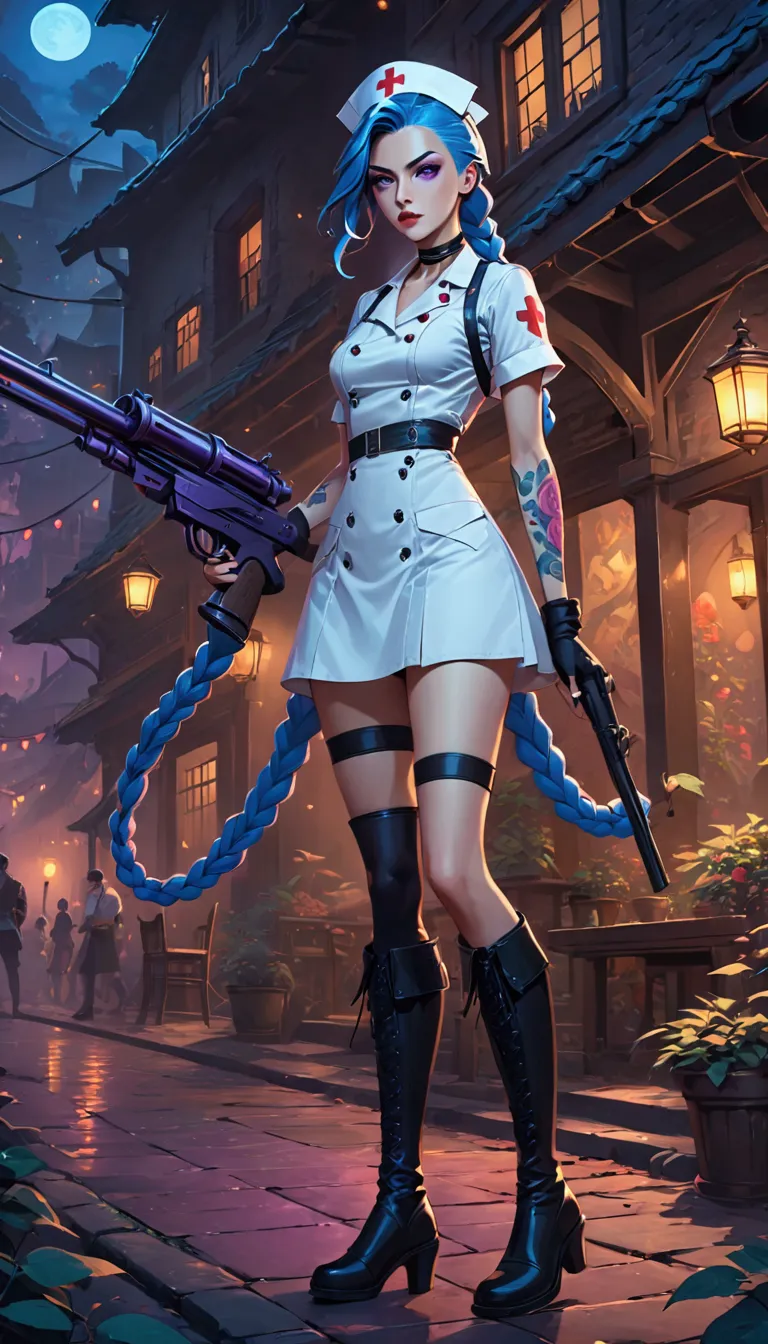 league of legends ，jinx ，punk style eye makeup ，nurse hat，(white nurse costume)， blue double twist braid，whole body，( knee-high ...