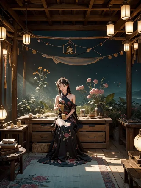  Chinese intangible heritage culture hit iron flower ， A person is hitting iron flowers by the river under an empty hut，Dunhuang， Ultra HD，Correct perspective， A beautiful artwork illustration ,  dont want characters，Silent color , ((masterpiece)), (( best...