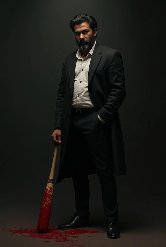 Indianman
Beard and looks 30 years old and handsome men
Smoking a cigarette 
Wearing Balck coat with white shirt and Balck formal shoes
Or his hand coverd in blood and baseball bat next to him with also bat is covered in blood 
Some little blood on his fac...