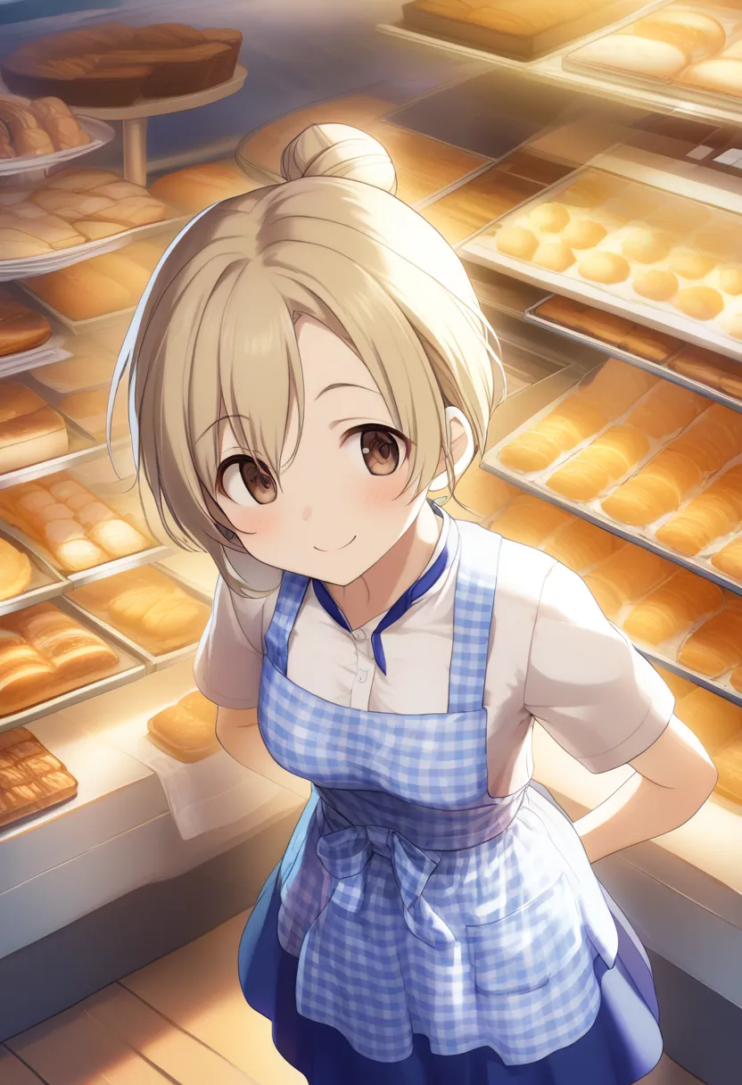 1 girl,  medium breasts,
kobeya uniform, blue skirt, blue necklace, gingham apron, bakery,
 cinematic angles, looking ahead, smi...