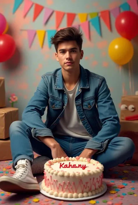 Create realistic image a man
sitting casually on front of a cake. The character must wear casual moder clothing such as jeans jackets and sneakers shoes. The background of the image is a party theme. Write kahany on the birthday cake. Make sure the text is...