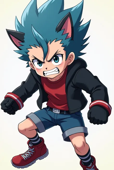 anime, Teenage boy,Furious, blue hair with fringe ,hedgehog ears ,black eyes,canine teeth,red shirt, black sweatshirt with long black sleeves,black and white gloves ,belt,blue shorts, black and white bands on the knees, red shoes