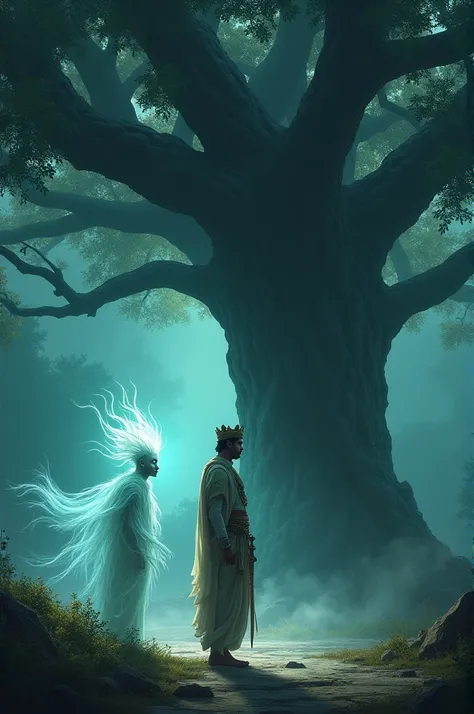 "Betal, a ghostly figure with glowing eyes, floating in front of a large, ancient peepal tree. His form is dark, misty, and almost transparent, with eerie light surrounding him. His expression is mischievous and cryptic. Vikram, in his royal attire with a ...