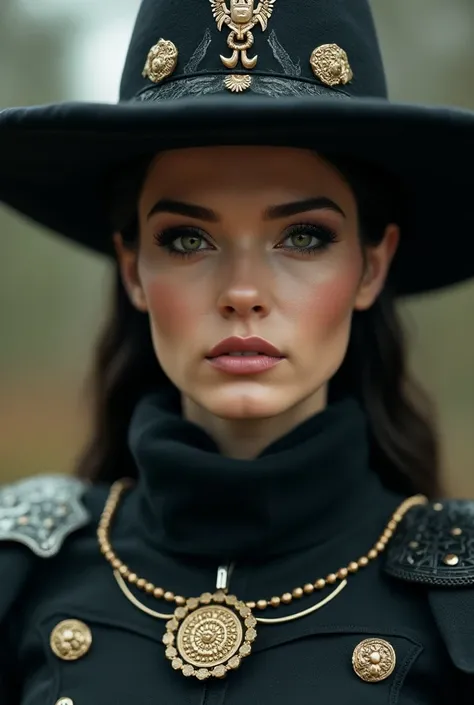 close up of a person wearing a hat, beautiful female paladin, anastasia ovchinnikova, witch outfits, outer worlds, stunning design, imperious, matriarchy, inspired by jodorowsky, tengri, in full military garb, leblanc, anya_taylor-joy, discord, female beau...