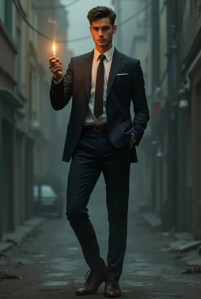 A young man in a suit has a foothold, has a cigarette lighter