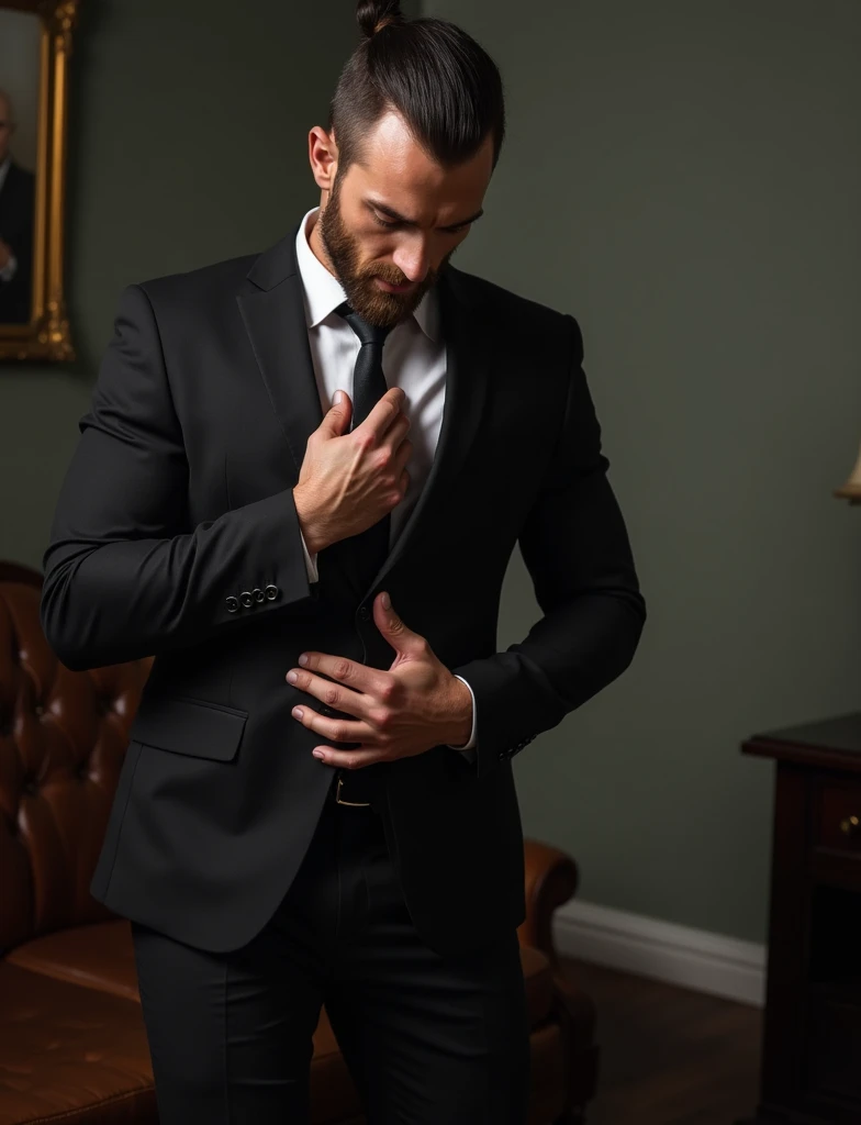 Handsome man in tight black suit gets kicked in the testicles between the legs，He hold his testicles with his hands and felt very painful