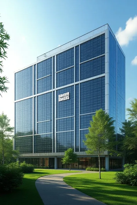 Generate an image of a company with a façade with solar panels and a panel in the center with the name  "Summers"