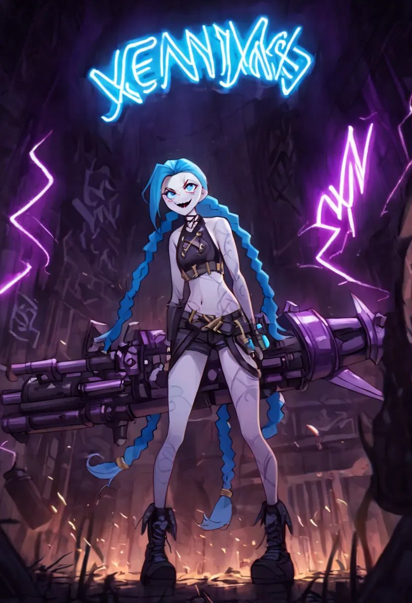 (score_9, score_8_up, score_7_up), solo focus, (female focus:1.2), (jinx: 1.37) from league of legends, twin blue braids, pale s...