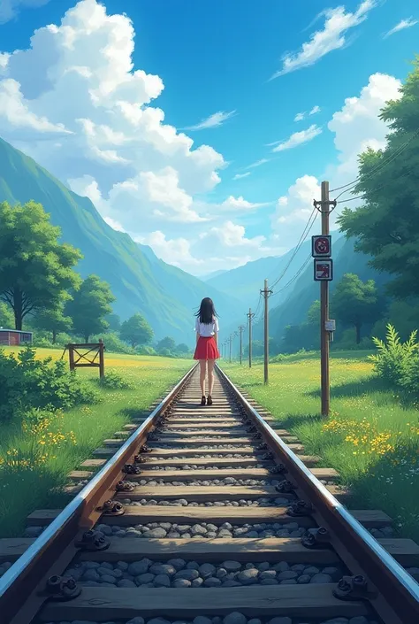 There is a beauty standing on the train tracks, with signs, landscape artwork, anime background art, loepfe art, detailed scenery – width 672, landscape art detailed, loepfe art style, beautiful anime landscape, made with anime painter studio, background a...