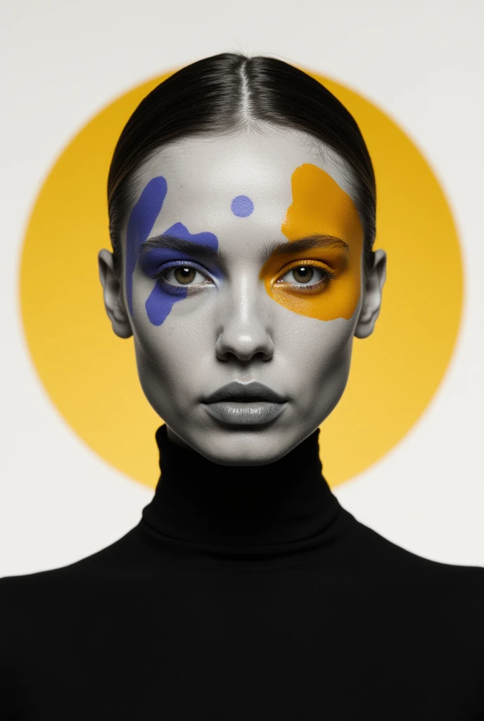 A black-and-white photograph of an elegant woman with mustard yellow and periwinkle paint brush strokes on her face. The background is a light mustard circle. The overall image has a minimalist style.