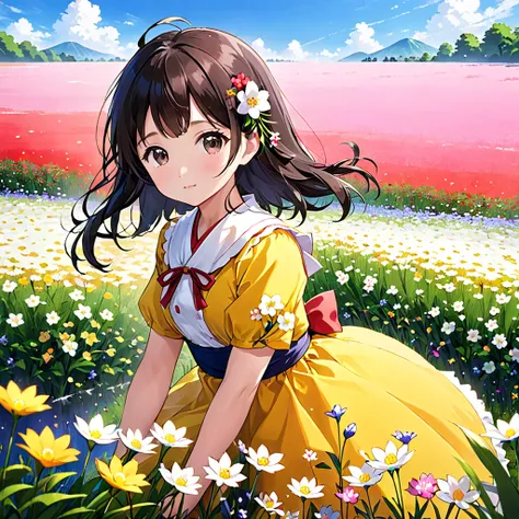  masterpiece、anime、 cute Japanese girl、Flower Field