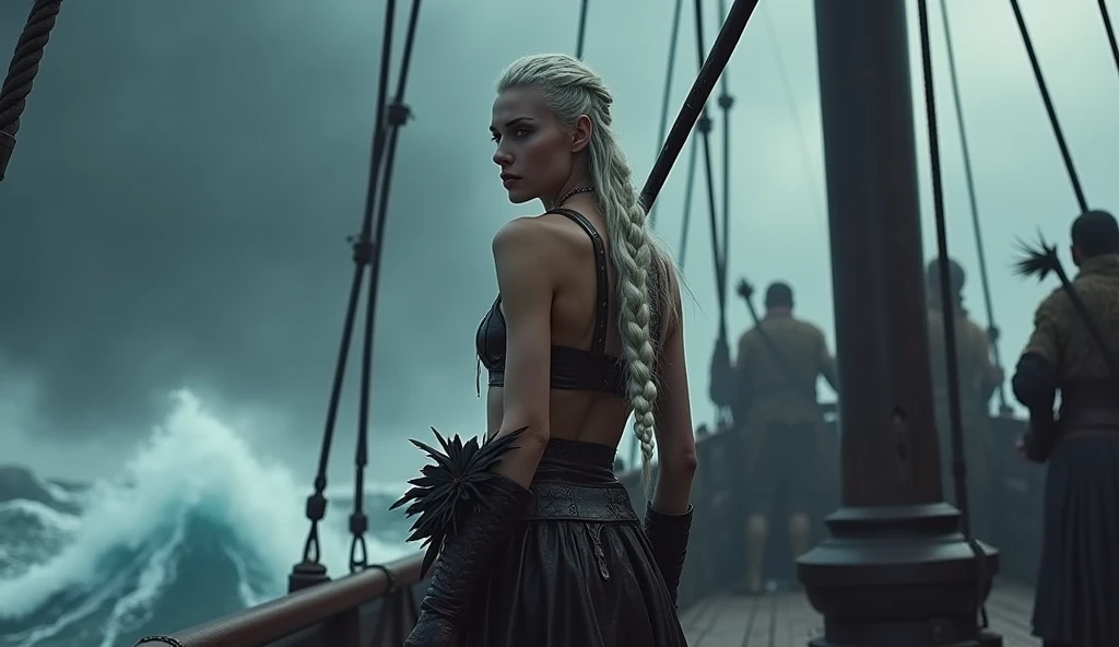 Look: Tall and statuesque with platinum-blonde hair in long braids, wearing a leather bandeau and fur-trimmed skirt.

Weapons: A long spear adorned with raven feathers.

Personality: Regal and commanding, known for her bravery and leadership.

Scene Detail...