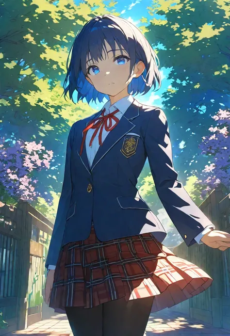 Nsfw, Masterpiece, hdr, bloom, 4k, Anime-style illustration featuring a beautiful female student with dark blue hair, Boyish short hair, blue eyes. 17age, Small in stature, She is wearing a formal school uniform consisting of a black blazer, white shirt, r...