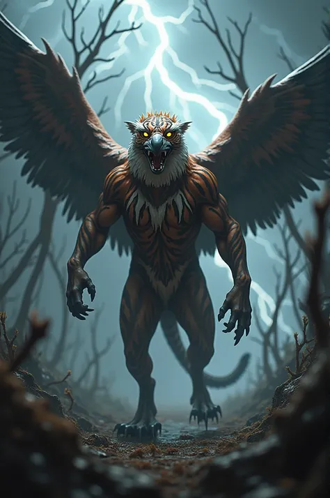 Imagine a powerful and terrifying hybrid creature. The lower body is muscular and tiger-like, with sleek, striped fur and powerful limbs. The creature’s upper body, from the waist up, resembles the head and wings of a majestic eagle. Its sharp, predatory e...