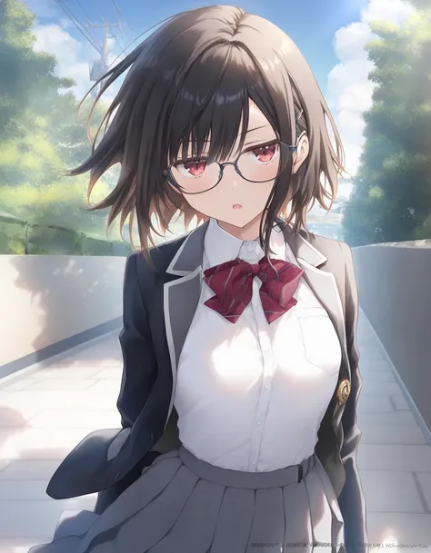 1girl, little female, school uniform, short hair, beautiful breasts, glasses, jitome, open mouth, outdoors,wind, game CG break,((artist:shida_kazuhiro)),(artist:mitsumi_misato),(artist:fujiyama),,(masterpiece), (best quality), (ultra-detailed), very aesthe...