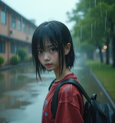 Drenched high school girl in live action