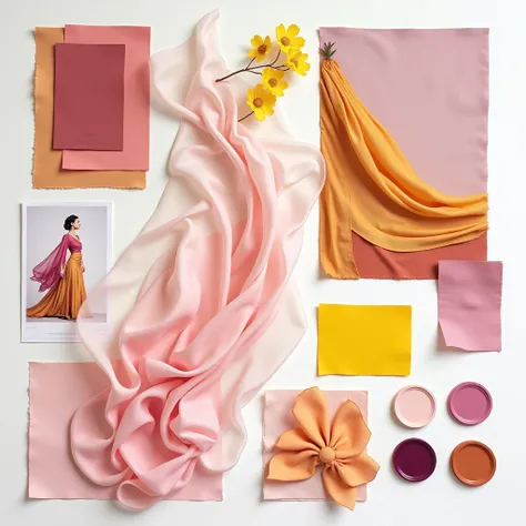 Fashion mood board artistically arranged, featuring fabric swatches of light, flowing silk in pink and yellow colors. Includes color palettes in shades of pink, yellow, purple, and complementary colors. The board also contains inspirational images and elem...