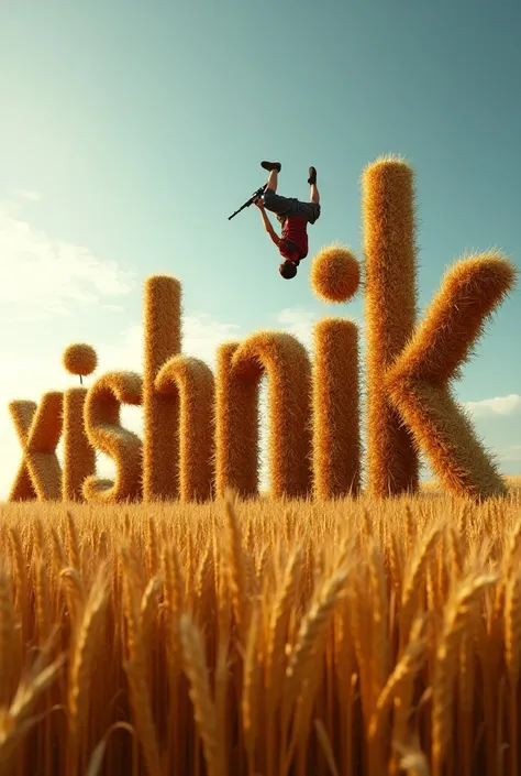  A huge 3D image of wheat says “XISHNIK” .  The height of the hanging wheat does not reach the middle of the letters .  A PUBG Mobile character sits above these letters with a gun in his hand, hanging from his feet .