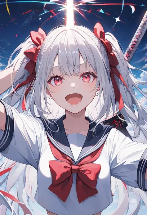 ((anime、 glitter))  one woman, upper body, cowboy shots, I have a sword,ral-ledlights,Raise ,pastel, open your mouth and laugh, innocent,red eyes,Black and white hair,Two-tone color, Wear a Sailor Suit ,   Collapsed White Shirt Red Bow Tie ,   The backgrou...