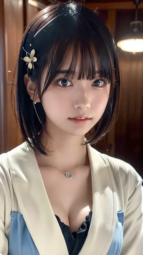 ((masterpiece, Best Quality,  Hi-Res,  Ultra High Definition)),  Japanese High School Girls,(Realistic:1.4)、excited、Great face、Pointed Mouth、 close your mouth、 wet lips、Age 15、 short hair,(Beautiful Hair:1.5)、Floral kimono 、 Long Sleeve 、Flower Hairpin、 cl...