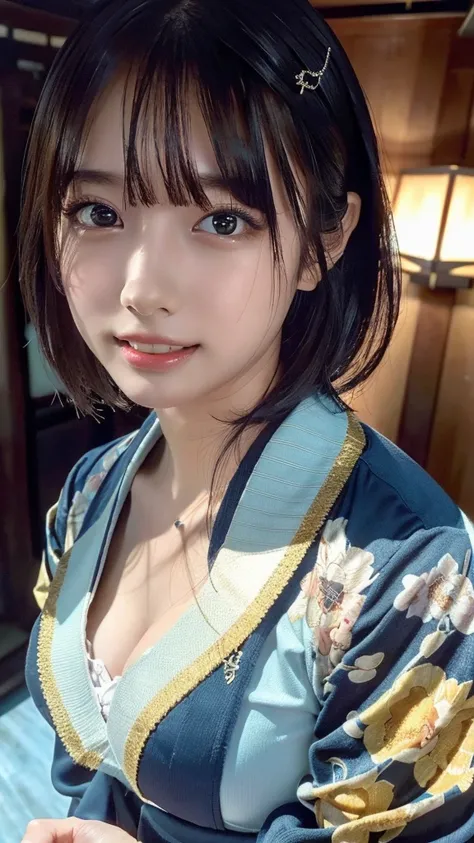 ((masterpiece, Best Quality,  Hi-Res,  Ultra High Definition)),  Japanese High School Girls,(Realistic:1.4)、excited、Great face、Pointed Mouth、 close your mouth、 wet lips、Age 15、 short hair,(Beautiful Hair:1.5)、Floral kimono 、 Long Sleeve 、Flower Hairpin、 cl...