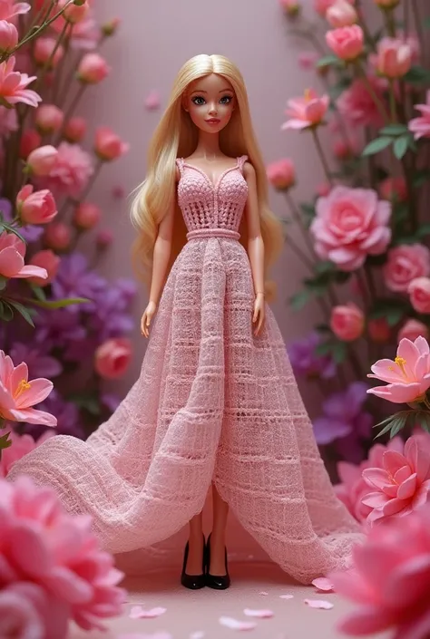  Create a beautiful Barbie doll wearing a flowing long crochet dress with colorful hollow stitches , a black shoe.
In a setting of bows and flowers 