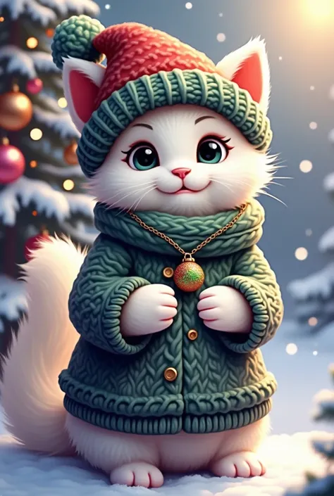 White fluffy cat with Christmas knitted sweater, hat, christmas red floral with stars overall and necklase with Christmas green ball, background snow and christmas tree with pink and green balls