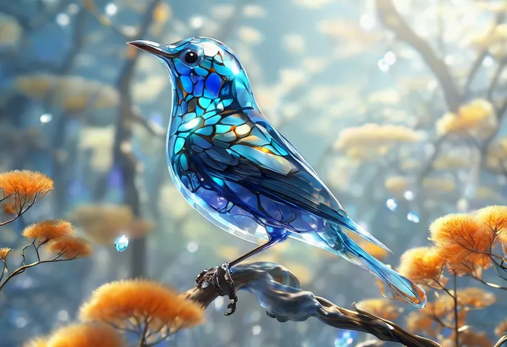  A realistic bird with a clear, crystal-like body。 as if it were made of glass 、 showing complex reflection and refraction of light 。The bird has a natural pattern 、It has blue hints on its wings 、 and an orange beak、 perched on a branch with a blurred nat...