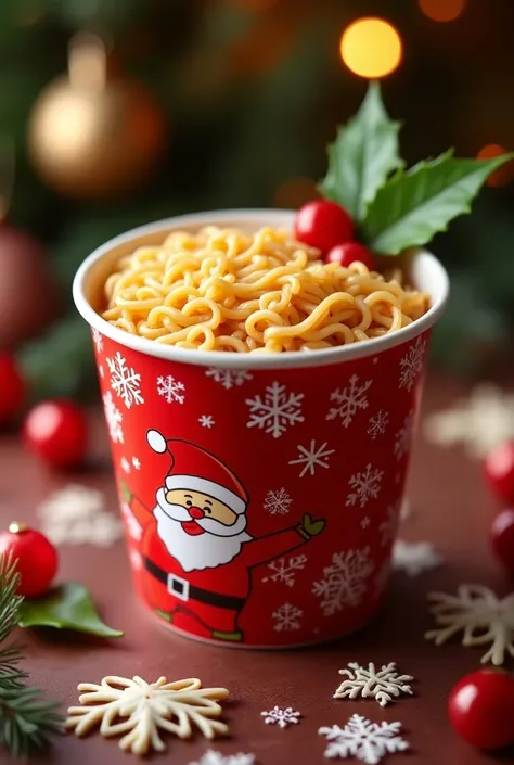 Photo of a Christmas-themed cup noodles with the red cup and details