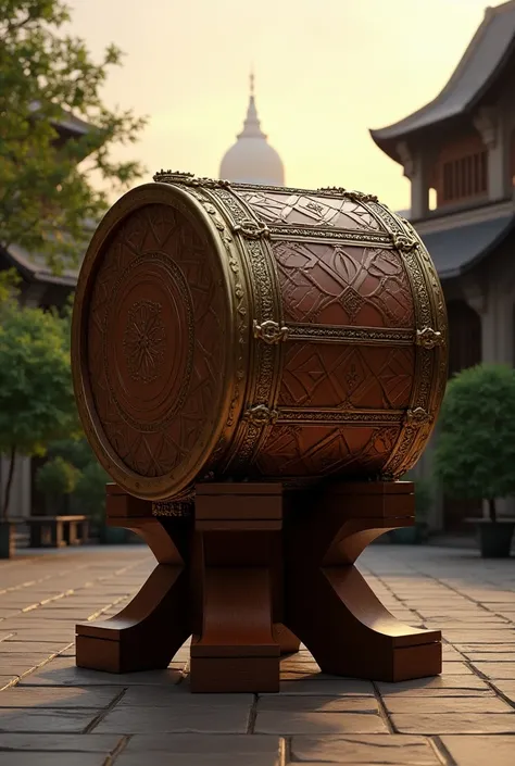 A large mosque drum lying on a cross-shaped wooden support, very realistic,Side background of a simple Indonesian mosque courtyard,Very realistic, finest details, very natural, cinematic, best illustrations,The atmosphere of the afternoon approaching the d...