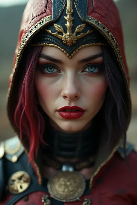 close up of Harley Quinn wearing a hat, beautiful female paladin, anastasia ovchinnikova, witch outfits, outer worlds, impressive design, imperious, matriarchy, inspired by Jodorowsky, tengri, in full military garb, leblanc, anya_taylor-joy, discord, femal...