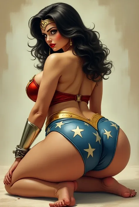  Wonder Woman with huge breasts and a giant butt. a cuatro patas.  Shes handcuffed and crying . We can see her from the side so we can see her butt with her star bikini tight on her butt