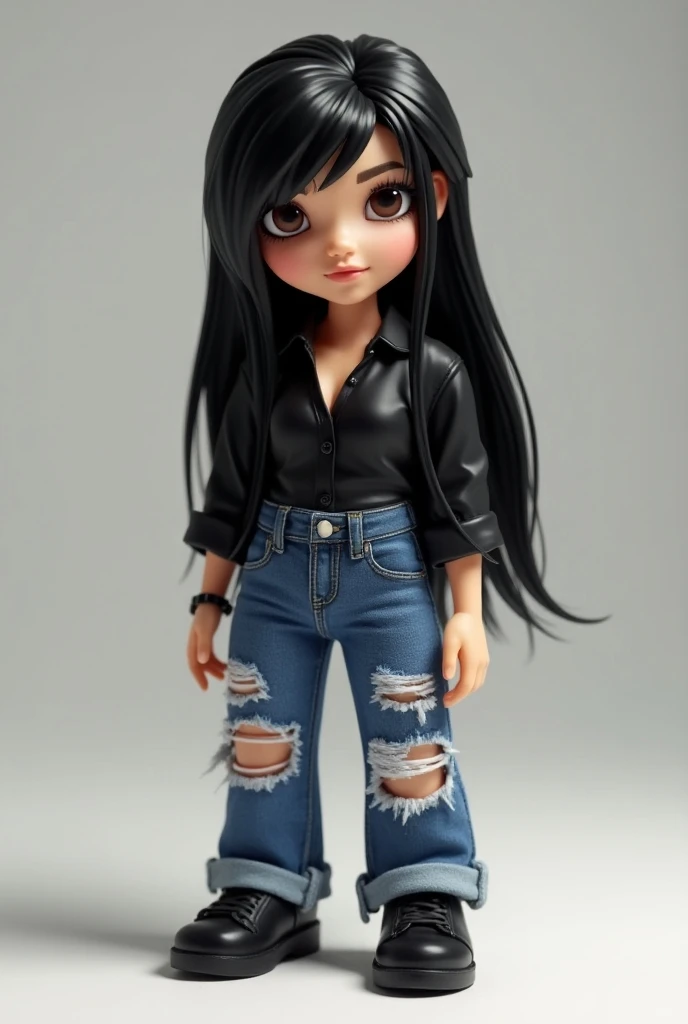 A Roblox doll with gloss, long straight black hair, ripped jeans and a black blouse. 